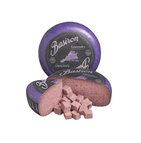 BASIRON LAVENDER Cheese  250 G - Basiron Lavender is a cheese with a surprising taste and look. The mixture
of lavender and seaweed creates a true taste sensation in this cheese.