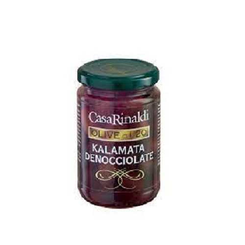 CASA RINALDI PITTED KALAMATA OLIVES 300G-ITALY - Casa Rinaldi is best known for its balsamic vinegar.The result is products that are produced with the same dedication as balsamic vinegar has always been. Casa Rinaldi's Kalamata denocciolate olives are large, dark purple, fleshy olives with a blend of softness and firmness to the bite, pitted.