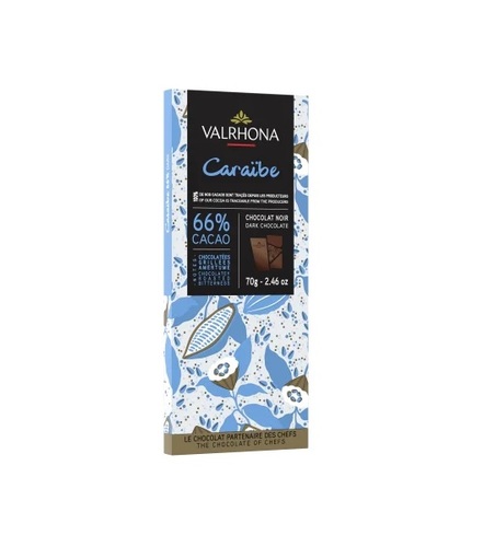 VALRHONA DARK CARAIBE 70G-FRANCE - Blend of typical cocoas from Dominican Republic, Jamaica, Togo, Ecuador Aromatic with a long finish, its fruity and balanced taste reveals the delicate flavors of almonds and roasted coffee. Balanced & Velvety Dark Chocolate