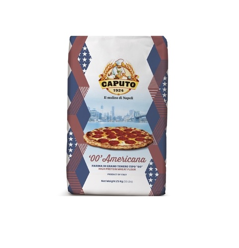 CAPUTO Americana high protien flour 25KG - Specifically designated for artisanal American Pizza. 
PROTEIN 14,25%SHELF LIFE 12 monthsSTRENGTH W 360/380ELASTICITY​​ P/L 0,45/0,50