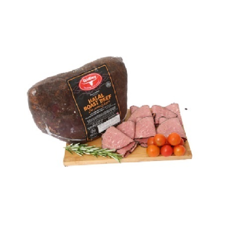 SLICED ROASTED BEEF - USA (8.5 KD per KG) - Caramel color added. Contains up to 20% of a seasoning solution. Animals humanely treated according to Halal guidelines. Keep refrigerated at all times. Fully cooked.