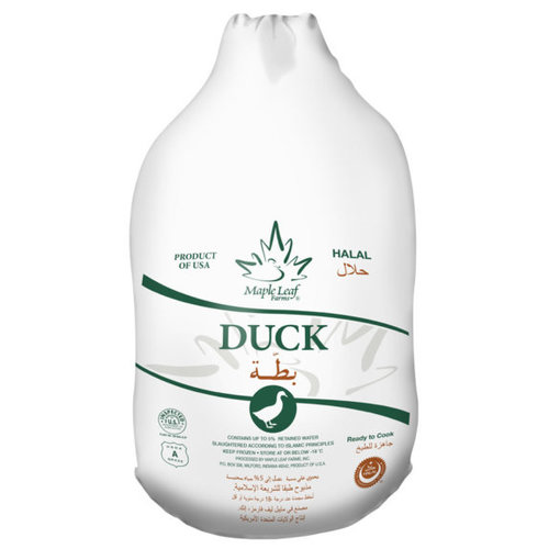 WHOLE NATURAL DUCK - MAPLE LEAF FARMS APROAX 2-2.3KG-USA - Our certified Halal Whole Duck is the perfect option to embrace your culinary creativity or create a delicious special meal. Cook whole, cut up, or even roast the carcass for duck stock. Our Halal Whole Duck is produced following the principles and values of the Muslim community and is certified by Halal Transactions of Omaha (HTO).Available: frozen Shelf life: 2 years frozen Certified Halal by HTO Includes neck and giblets USDA Grade A Minimally Processed - no artificial ingredients added No added hormones No antibiotics administered for growth promotionOur duck is raised & cared for in a free to roam environment on small family duck farms throughout Northern Indiana. Maple Leaf Farms prioritizes our duck well-being with our Trident Stewardship program.