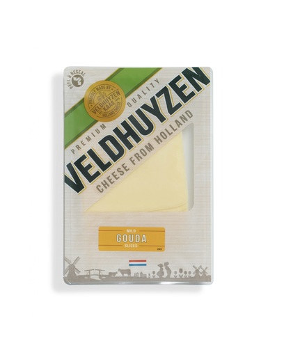 Veldhuizen Gouda Cheese Slices 150g - Holland - Veldhuyzen Gouda Cheese slices are made of accessible and premium mild gouda cheese from Holland. This cheese is young/mild of age with a maturation period of 4 weeks.