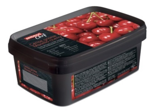 كرز موريلو مجمد من أندروس 1 كجم - The Andros Chef frozen morello cherry puree has a shiny red colour with a sour taste. Its flavours comes out well when mixed with all types of creams and gives delicious sherbets too. Packed in a 1kg tub.