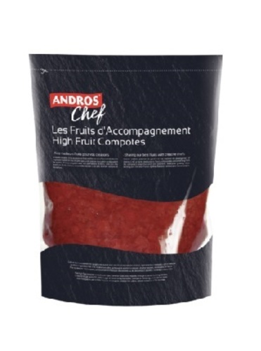 Balsamic  - Andros High Fruit Strawberry Compote 1kg - StrawberryAndros Chef’s strawberry frozen high fruit compote is a Camarosa strawberry variety with a brilliant red colour. The compote is lightly sweetened with large strawberry chunks which pairs perfectly in entremets, tarts or for topping in spring verrines and savoury sorbets. Packed in 1kg bag.