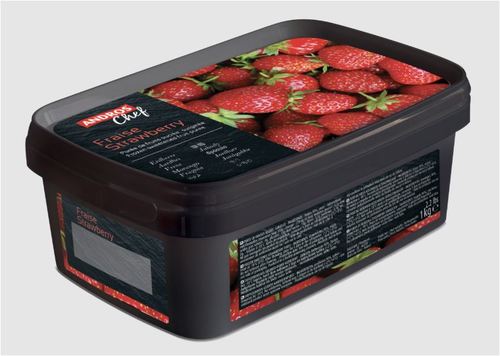 هريس الفراولة المجمدة من أندروس 1 كجم - The Andros Chef frozen strawberry puree is a blend of 3 varieties with Senga sengana. Its flavour is intense and gives an excellent balance taste to our blend. Packed in a 1kg tub.