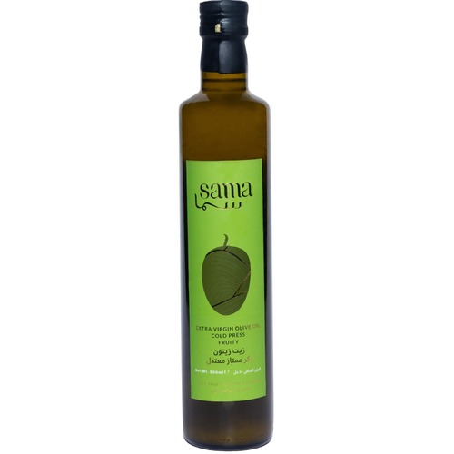 SAMA EXTRA VIRGIN OLIVE OIL FRUITY 500 ML - Lebanon - Harvest in December/JanuaryThe olives are more mature and a bit juicer.This blend contain mild and mellow oil dominated by sweet and fresh aromas of red apple, It has low bitterness & slight pungency. The acidity is always < 0>You can use this oil in baking, salad dressing and cooking.