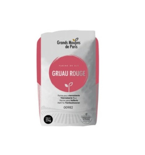 Grand Moulins T45 Flour Moul -Bie Gruau Rouge 25kg - France - Provides consistent results with excellent rise and texture.Ensures excellent dough elasticity and rise, resulting in light, airy, and perfectly textured baked products.Ideal for a wide range of baking applications including croissants, baguettes, cakes, and more.