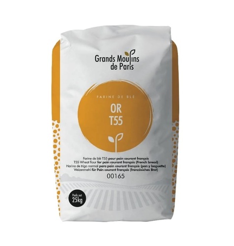 Grands Moulins T55 Premium Flour 25kg - France - Strong French style White Bread Flour; type T55 is ideal for making bread, puff pastries, croissants and baguettes.  This Flour gives a light open textured loaf with a crisp crust. It is medium in protein content, and when this protein is mixed with water it forms gluten.