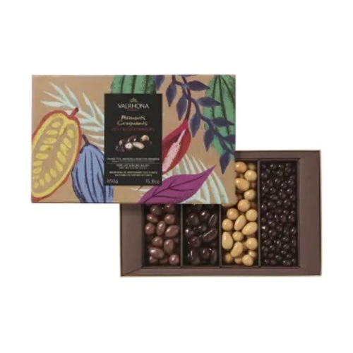 VALRHONA EQUINOXE DARK & MILK GIFT BOX 450GR - ULTIMATE GIFT ASSORTMENT highlighting Valrhona's Premium Chef Quality Milk and Dark and blond Dulcey Chocolate. VALENCIA TOASTED ALMONDS, ROMAN ROASTED HAZELNUTS and CANDIED ORANGES perfectly coated in chocolate to provide just the right snap per bite.