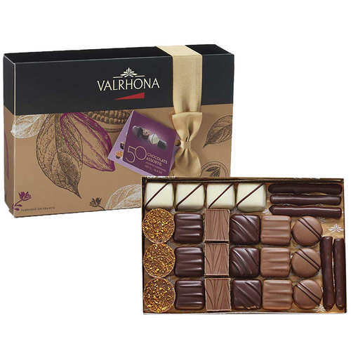 Valrhona Assorted Gift Box of 50 chocolate creations 465G -France - Ballotin of 50 Valrhona pralines10 varieties of chocolate: pralines, ganaches covered in dark, milk and white chocolate465g gift boxTo taste or give as a gift