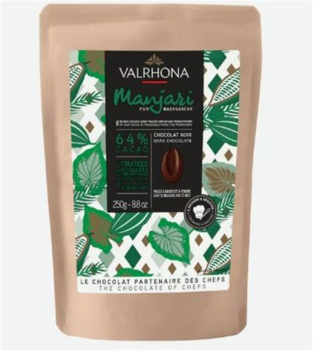 Valrhona Dark Manjari 64%0gm - This Single Origin dark chocolate is made from rare cocoa beans from Madagascar giving it a fresh, acidic, sharp bouquet with red fruit notes.