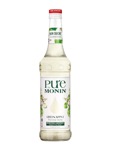 Monin Pure Green Apple Syrup No Added Sugar 700ml - MONIN Pure Green Apple Syrup is an invitation to rediscover the sparkling and tangy taste of green apple in a version without added sugar. This natural concentrate offers 10% green apple juice, ideal for refreshing drinks, creative cocktails or homemade lemonades while respecting a low-sugar diet.