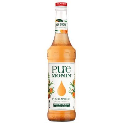 Monin Pure Peach and Apricot Sugar Free 700ml - Monin Pure Concentrate Peach Apricot gives cocktails, lemonades and hot drinks a delicious, natural peach flavor. The French manufacturer Monin doesn't use any added sugar in the Monin Pure concentrates. Instead, the beverage concentrate uses the natural juice of apricots and peaches for the sweetness.