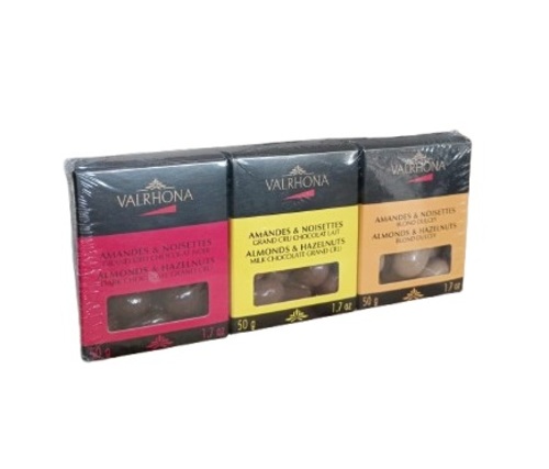 VALRHONA EQUINOXE TRI-PACK GIFT BOX 150G- France - A gourmet assortment of Valrhona chocolates coated with crunchy dried fruits, in small format, for snacking at any time of the day *Cocoa 26% (min), Milk 12%, Hazelnuts 20%, Almonds 19%, Sugar 20%, Fat 98%