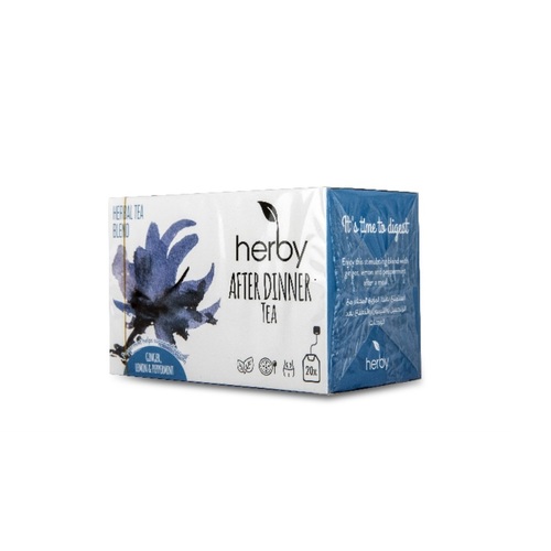 Herby Herbal After Dinner Tea - Enjoy this stimulating blend with ginger, lemon and peppermint after a meal. It helps in digestion as it contains fennel, lemon peel and ginger