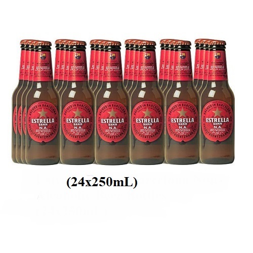 ESTRELLA DAMM BEER (BARCELONA) 4 X 6 X 250ML - Non-alcoholic beer. Brewed in Barcelona using local ingredients based on the original lager beer recipe. 100% natural ingredients, with no additives or preservatives. Offers a malty taste with a sweet tinge. Unique blend of green hops deliver strong aroma. Quantity: 24 Bottles of 250mL.