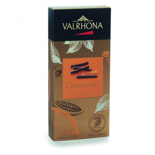 VALRHONA BALLOTIN OF ORANGETTES WITH CELLOPHANE 130G-FRANCE - Slivered and candied orange peels coated in dark chocolate. Fruity and tangy notes.