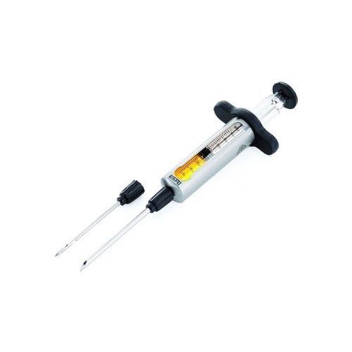 GEFU BBQ Marinade Baster - GEFU BBQ Marinade Baster is the ideal aid for injecting your meats with marinades, juice, gravy, and dissolved seasoning to add an intense flavor and improve the taste and tenderness. Premium-quality stainless steel and heavy-duty design with easily interchangeable needles. Features 2 different-sized injector needles: small for side injection of thinner liquids/marinades and large for injection of thicker liquids/marinades directly from the top of the needle. Capacity 40 ml can marinate whole chickens and turkeys. Flavor injector measurement markings in .25 ml increments. Dishwasher-safe. Set Contains:1x Baster 2x Injector needles