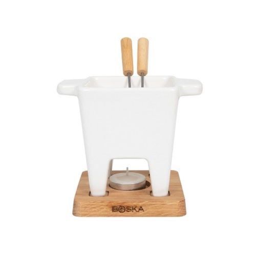BOSKA Tapas Small Fondue Set, White - The BOKSA Tapas Fondue is the perfect companion for a cozy night in or a fun gathering. This compact set lets you enjoy a solo cheese fondue meal or a romantic dinner for two. It's also ideal for keeping dips like satay or mushroom sauce warm during barbecues or get-togethers. Simply dip your favorite meats or veggies with two included fondue forks into the melted cheese kept warm by the tea light for hours. Has a capacity of 300 ml, large enough for around 175 gr of fondue cheese or 200 ml of warm sauce. Fondue pot made of ceramic. Base made of high-quality European oak. The stainless steel fondue forks have beautiful oak handles. Fondue pot can only be used in the microwave. Set Contains:1x Fondue pot 1x Oak base 2x Fondue forks