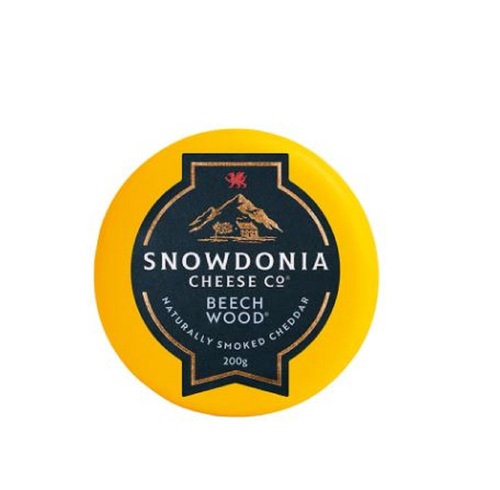 SNOWDANIA NATURALLY BEECH SMOKED CHEDDAR 200G-UK - Mature Cheddar, naturally cold-smoked over beechwood chips for a mellow depth and warmth, with an aroma reminiscent of crackling campfires