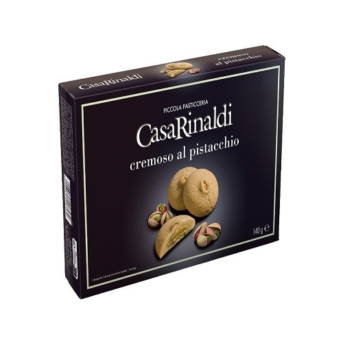 CASA RINALDI BISCUITS WITH PISTACHIO CREAM 140GM-ITALY - Delicious pistachio-flavoured butter biscuit with a pistachio cream filling. Marvellous contrast between the fragrant biscuit and the creamy centre. Perfect for serving with tea, for breakfast or at the end of any meal