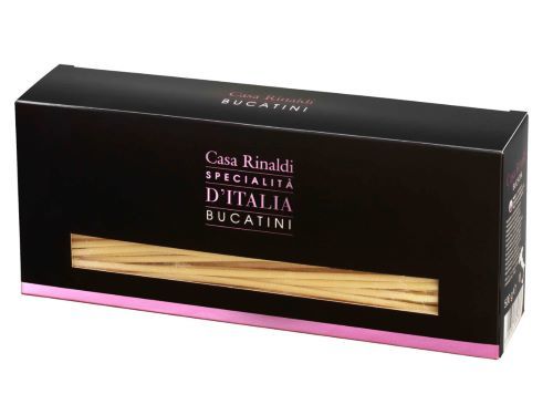 CASA RINALDI BUCATINI 500GR-ITALY - “Bucatini” have their origin in Amatrice, a city in the Lazio region. Their shape is long, thicker than spaghetti and characterized by a central hole.