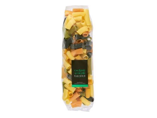 Casa Rinaldi RIGATONI ARLECCHINO 500GR-Italy - Our rigatoni fantasia are a mix of colors and tastes reminiscent of the Mediterranean. The scent and flavor are delicate and typical of its ingredients: spinach, oregano, turmeric, tomato, red beet and squid ink. We recommend cooking the rigatoni following the instructions on the box, draining and garnishing them with one of the Casa Rinaldi sauces.