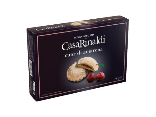 CASA RINALDI BISCUITS WITH BLACK CHERRY PUREE 140GM-ITALY - -Delicious, crispy crescent-shaped biscuit with amarena cherry jam filling, completed with a dusting of powdered sugar. Marvellous contrast between the fragrant biscuit and the soft, creamy centre. Perfect for serving with tea, for breakfast or at the end of any meal.