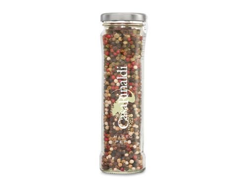 CASA RINALDI PEPPER MIX GLASS JAR 90GR-ITALY - Our pepper mix is made up of 4 expertly blended varieties, designed to bring a balanced flavor to your dishes. It includes: – black pepper, from berries harvested before complete ripeness and then left to dry; – white pepper, obtained from smaller and less spicy grains; – green pepper, similar to black pepper but harvested unripe, not dried and treated in brine; – pink pepper, with a sweeter and more delicate flavor and an aroma reminiscent of lemon and fruit. The mix of peppers by Casa Rinaldi goes perfectly well with grilled meat dishes, vegetables, and fish. It is also excellent in fish and meat marinades to add aroma to the dish and it is ideal for tomato-based sauces, croutons and bruschetta.