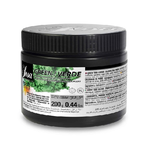 SOSA GREEN FOOD COLOURANT 200G-SPAIN - Natural green coloring powder, specifically designed for use in modern gastronomy and pastry making. This product belongs to the food colour range, an exclusive selection of natural colorants that provide vibrant and authentic results without altering the quality or taste of the preparations. Ideal for applications in confectionery, ice cream and gastronomy, where precision in the color shade of the final products is required.