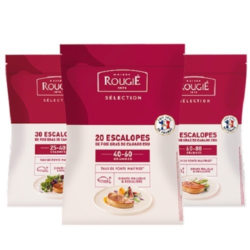 QUICK FROZEN SLICES OF RAW DUCK GRAS-HALAL 40/60G approax 0.850-0.950kg-France - Benefits of this product– Oblique and regular cut, uniform thickness.
– Generous and consistent calibers throughout the year.
– Individually frozen escalopes, on D-day to ensure controlled melting rate.
– Manual sorting for optimal quality.
– Fixed number of escalopes, for optimized cost-per-portion.
– Ready-to-use product, for quick implementation.
– Packaging in a resealable bag.