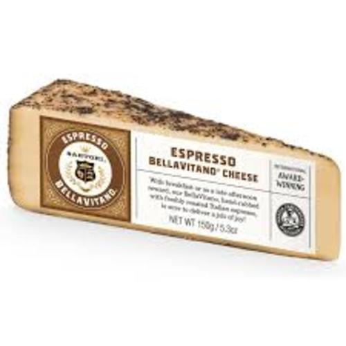 Espresso Bellavitano Cheese 150g - Creamy cheese hand-rubbed with our freshly-roasted espresso. Delicious any time of day. The rind is meant to be eaten and is part of the tasting experience!