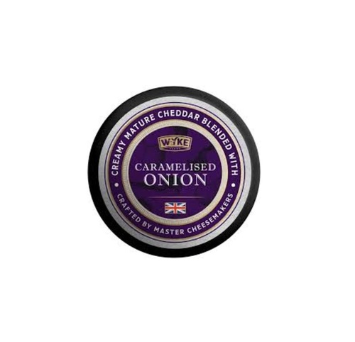 Wyke Caramelised Onion Cheddar 100g - An English cheddar cheese made from pasteurised cow’s milk, with crushed caramelised onion inside. It has a mild taste, and the caramelised onion gives the cheese more body and aroma.