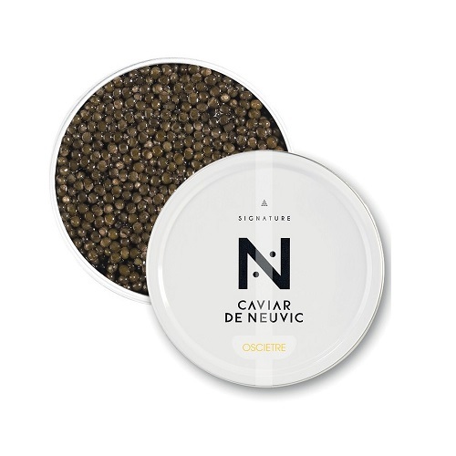 CAVIAR OSCIETRE SIGNATURE 50g - France - This caviar comes from the Gueldenstaedtiii sturgeon, originating from the Caspian Sea, around the age of 12 years. It is produced at the Domaine in Neuvic with all the know-how and quality commitment specific to Caviar de Neuvic.Our Signature caviars embody the style and quality of the Caviar de Neuvic brand. This caviar is elegant and bright. Its grains, of medium size, quite firm with golden reflections, of good size, burst in the mouth and reveal delicate marine notes reminiscent of the freshness and finesse of the oyster.AN ICONIC CAVIARThe sturgeons that give us Caviar de Neuvic are all raised in the best conditions. Quality and renewed water, organic food, low density and little handling.Ossetra sturgeon is a renowned species when it comes to caviar. Its taste is both powerful and structured which allows it to be appreciated by all palates, even the most experienced.The Signature range is the guarantee of choosing a caviar corresponding to Neuvic\