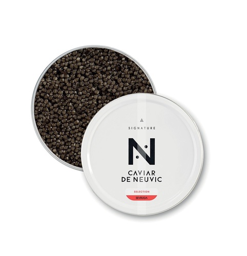 CAVIAR SEVRUGA SIGNATURE 50g - Italy - The Sevruga sturgeon is a rarely farmed species. Thanks to Caviar de Neuvic, Sevruga lovers can enjoy this exceptional caviar. Sevruga caviar comes from the Acipenser Stellatus sturgeon. After disappearing from the wild, it is now one of the rarest farmed caviars. It should be noted that, at one time, Sevruga accounted for 60% of the wild production of the Caspian Sea. The powerful notes of Sevruga caviar will delight the palates of connoisseurs. Its delicate eggs are small in size and anthracite-grey in colour. It is known for its pronounced iodine taste. Sevruga caviar is most often appreciated by consumers seeking a caviar with a