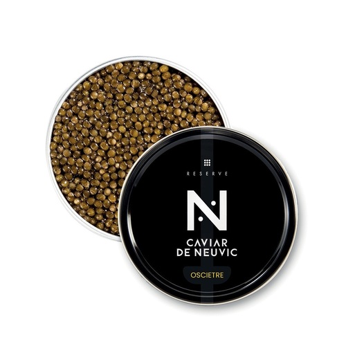 CAVIAR OSCIETRE RESERVE (30G) - FRANCE - As nature sometimes holds surprises, certain sturgeons honour us with exceptional caviar with an impressive length on the palate, resulting in the quality of Caviar Réserve. The finest beans are selected for their rarity and their incomparable length on the palate.An iconic caviar of excellenceThis Osciètre Réserve caviar comes from the Acipenser Gueldenstaedti sturgeon, around 12 years old. This species is historically native to the Caspian Sea. Osciètre Réserve caviar is prized for its harmoniously sized grains, with golden and amber hues. Its firm yet melt-in-the-mouth texture reveals an aromatic profile of great finesse. On the palate, it offers a perfect balance between delicate marine notes, hints of fresh butter and subtle aromas of nuts and dried fruit. Its elegance and long finish make it a favourite choice among connoisseurs.