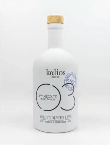 KALIOS OLIVE OIL '03' 500 ML - GREECE - It is extra virgin thanks to its perfect acidity level, monovarietal thanks to its production from a single olive variety (Koroneiki), cold extracted to preserve its taste and benefits, and preserved in opaque packaging to protect it from light. With a very low acidity level of less than 0.35%, it ranks among the finest vintages of olive oil.