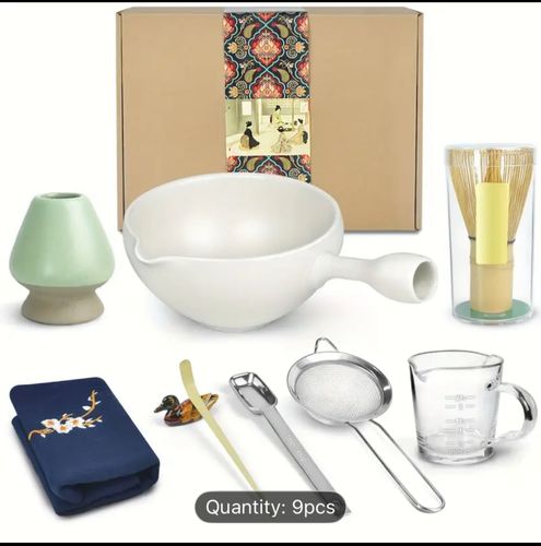 Matcha Set 9 pieces - Whats Included Whisk Whisk Holder Bowl Teaspoon Holder Wooden Teaspoon Metal Measuring Teaspoon Filter Measuring cup&nbsp; Tea Towel