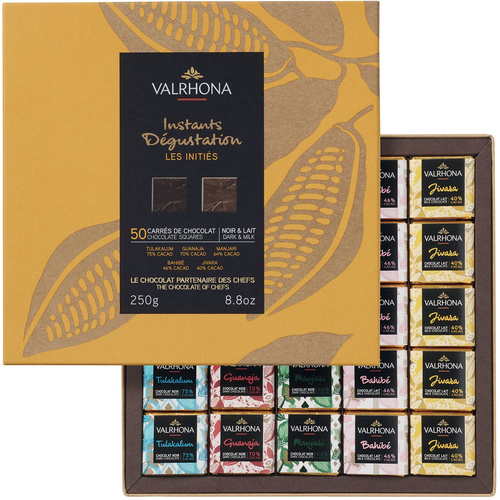 VALRHONA 50 SQUARES GIFT BOX 250g - FRANCE - Luxury Chocolate Giftbox assortment.50 individually wrapped Dark chocolate and Milk chocolate squares.Tulakalum Dark chocolate 75%.Guanaja Dark chocolate 70%.Manjari Dark chocolate 64%.Bahibe Milk chocolate 46%.Jivara Milk chocolate 40%.Perfect to share or as a gift.