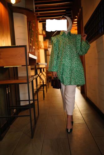 Her Highness - White Dotted Green Shirt - _ Model wearing size M, model Hight 154cm _Top length 34 inch _Fabric type : cotton _ Dry-clean only _ No refund no exchange