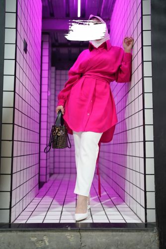 Her Highness - Electric Pink Shirt - _ Model wearing size M, model Hight 154cm _Top length 33 inch _Fabric type : crepe _ Dry-clean only