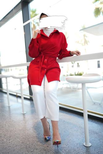 Boom Red Shirt - Model wearing size M, model Hight 154cm _Top length 33 inch _Fabric type : crepe _ Dry-clean only _ No refund no exchange