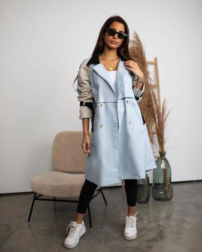 Sporty Blue Beige Trench - Model wearing size M , model Hight 160cm _Top length 37 inch _Fabric type : jeans _ Dry-clean only