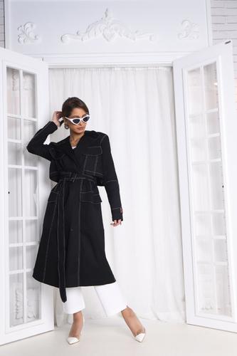 Her Highness - Double black trench 2 - Model wearing size M  
 _Top length 40 inch  
 _Fabric cotton 
 _ Dry-clean only