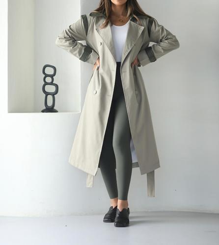 Olive belted trench - Model wearing size M  
 _Top length 44 inch  
 _Fabric Jeans | leather 
 _ Dry-clean only