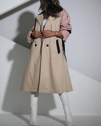 Her Highness - Pinky Beige Trench - Model wearing size M , model Hight 153 cm _Top length 42 inch _Fabric type : jeans _ Dry-clean only