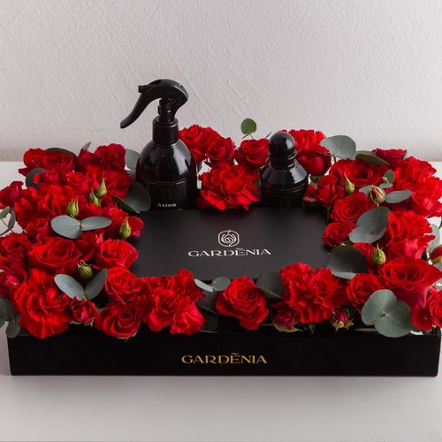 BLACK VELVET - Velvet box size 40×25 Flowers  With chocolate box Perfume50ml/home perfume spray 250ml