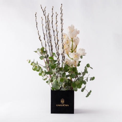 Box 2 - Cymbidium with green eucalyptus and sailx pussywillow