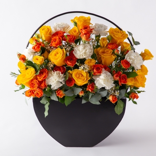 wood stand 4 - Yellow roses with baby roses orange and white carnation and green eucalyptus